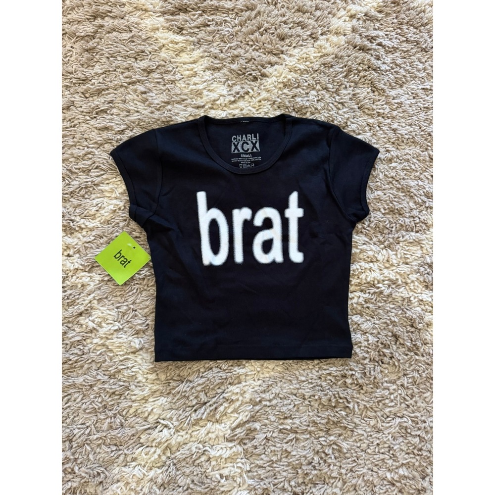 Charli XCX Brat Tour Merch Black Baby Tee Crop Top Small NWT